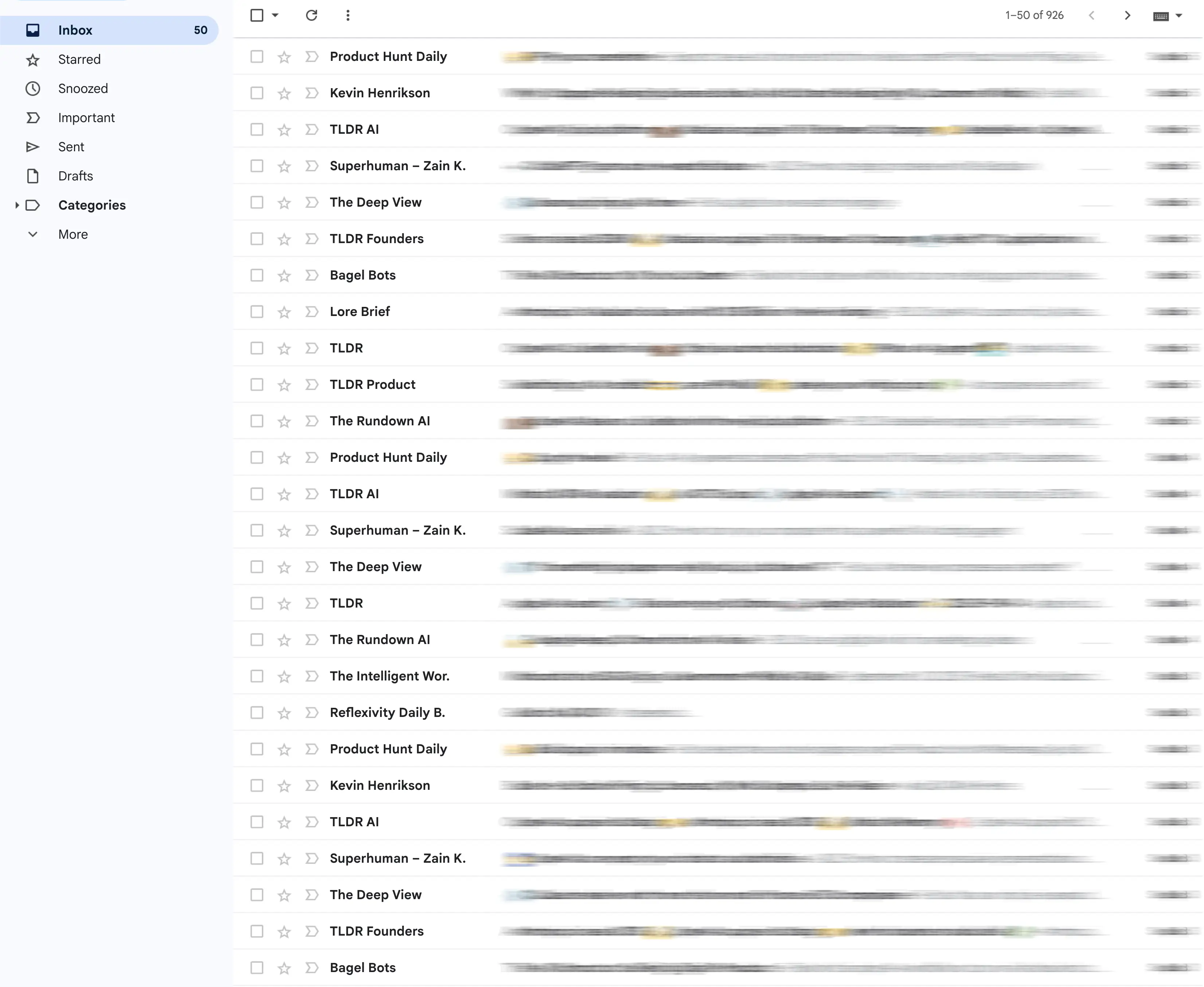 Cluttered inbox with dozens of unread newsletters